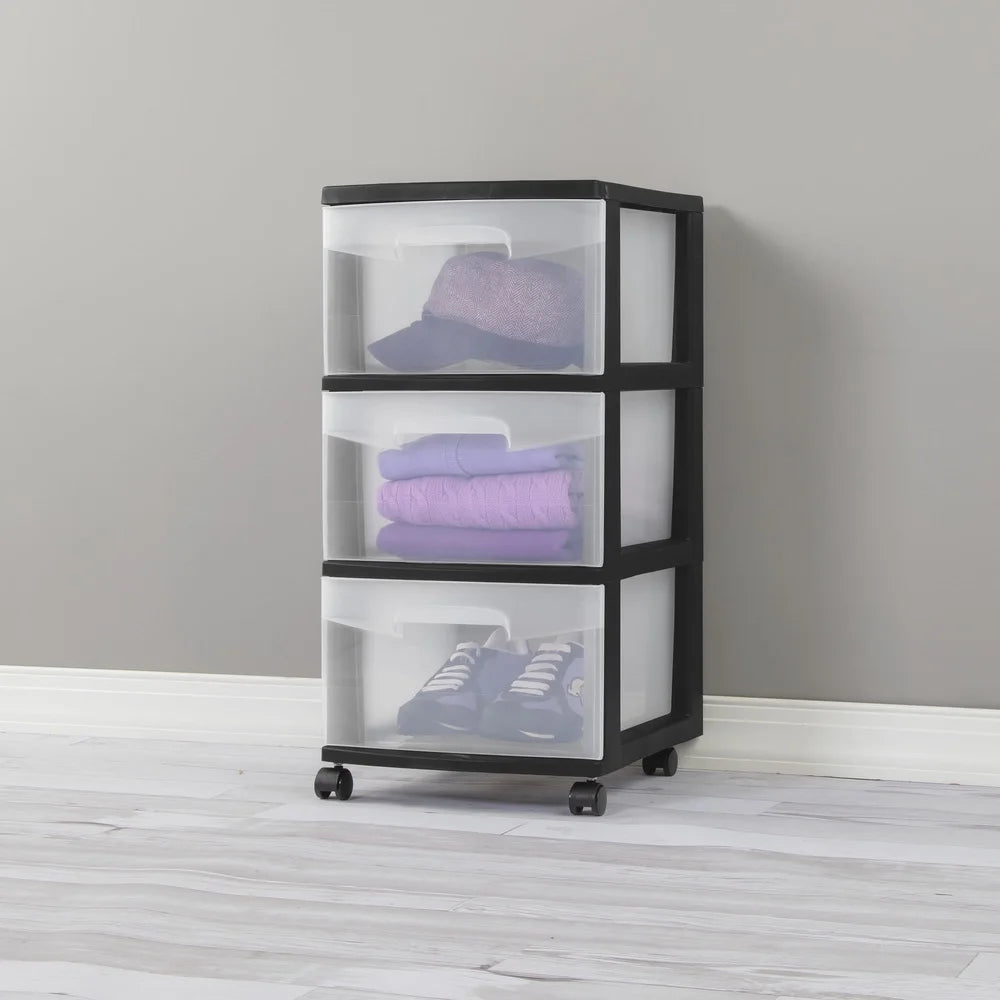 3 Drawer Plastic Storage Cart with Clear Drawers Rolling Organizer