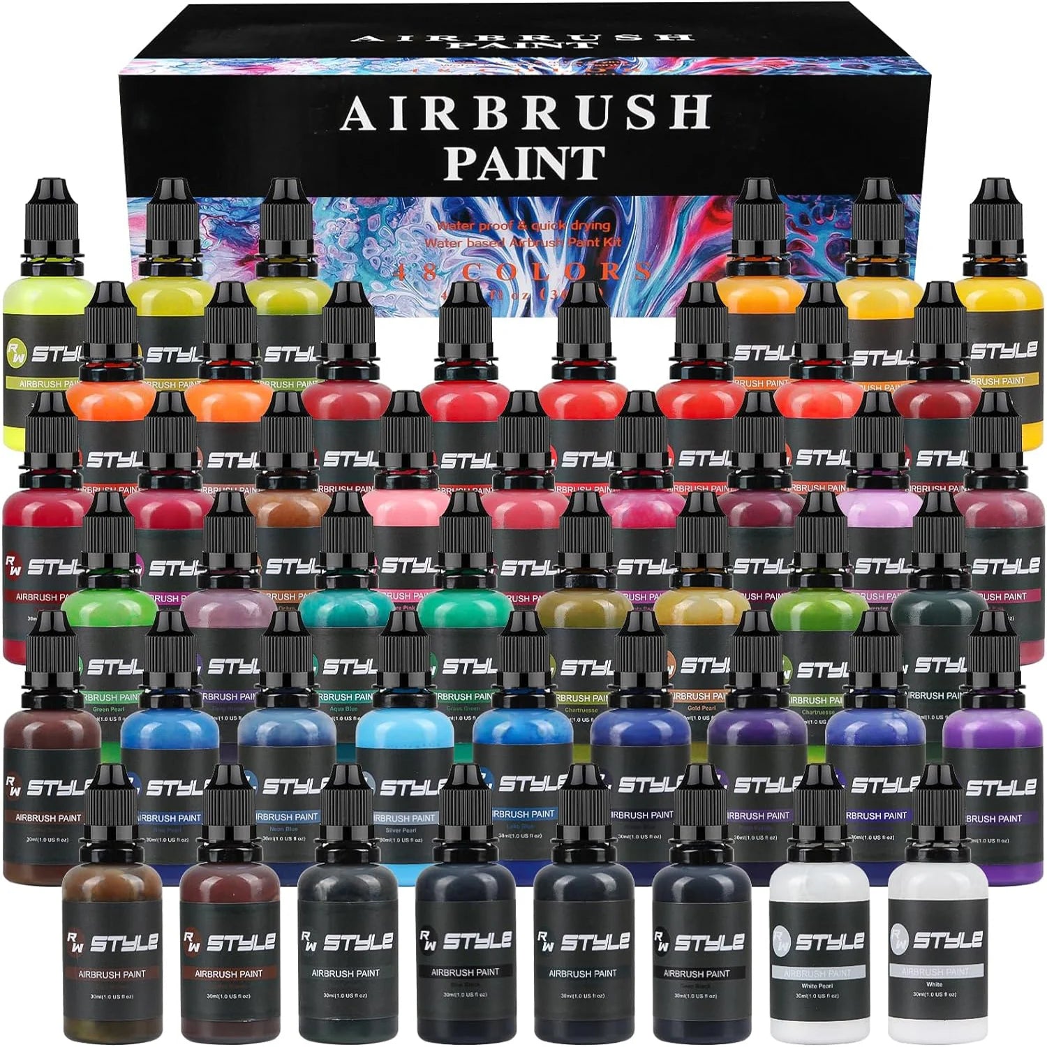 48 Colors Airbrush Paint Set 1fl oz, Opaque & Brilliant Colors, Leather & Shoes