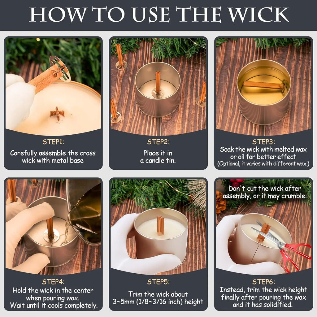 25 Cross Wood Candle Wicks with Iron Stands, 4x0.4inch Natural Wick for Soy Wax DIY Candle Making
