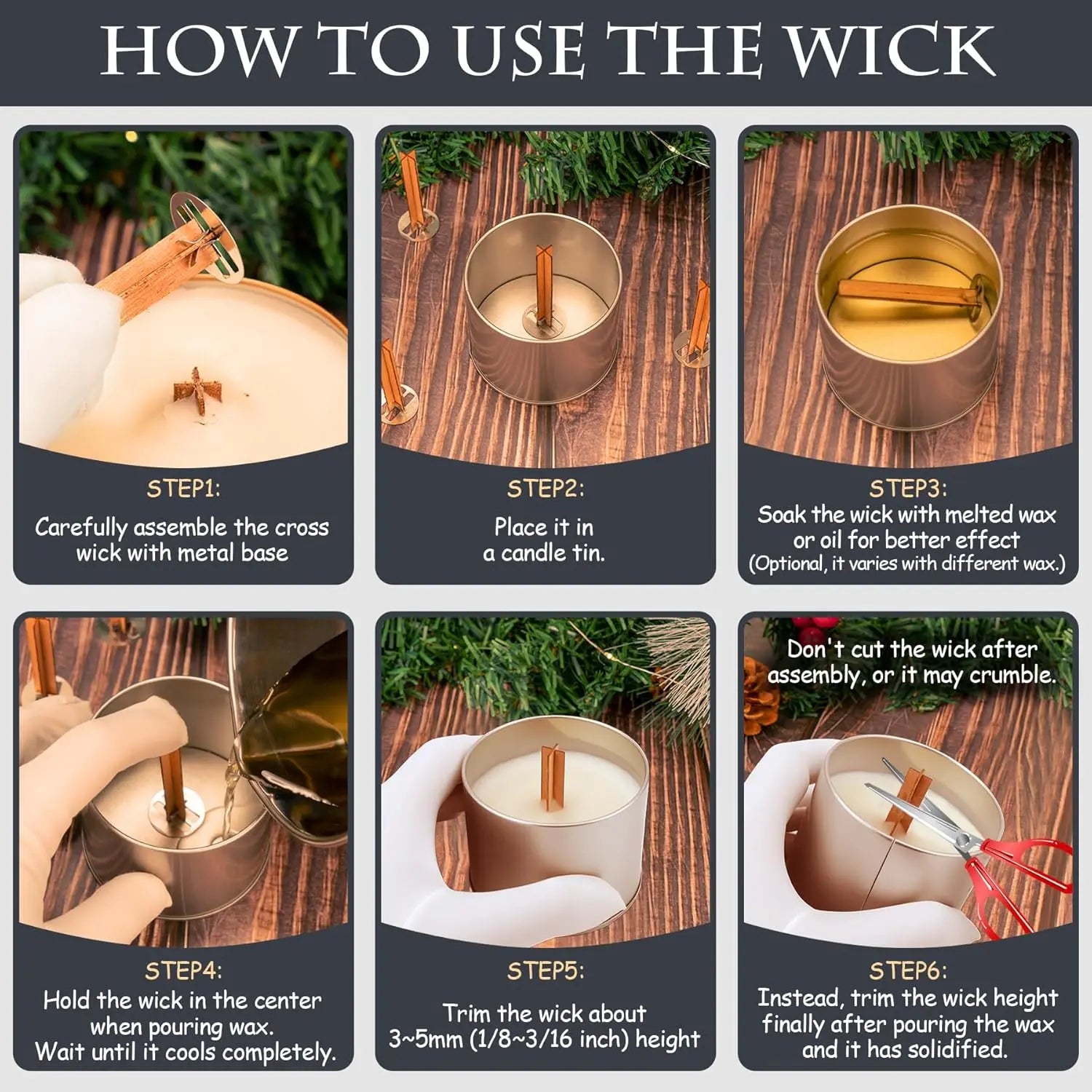 25 Cross Wood Candle Wicks with Iron Stands, 4x0.4inch Natural Wick for Soy Wax DIY Candle Making