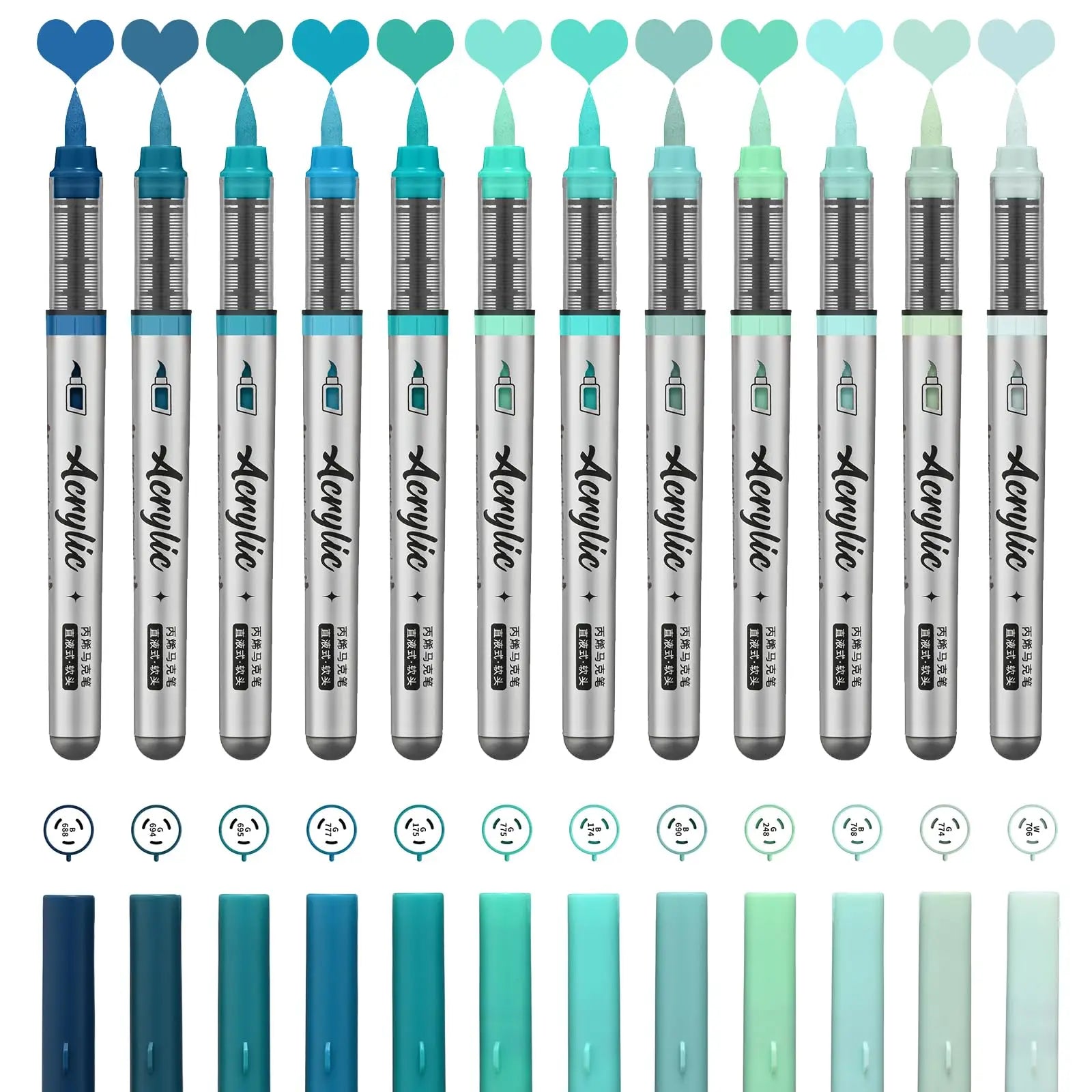 12 pcs Brush Tip Acrylic Paint Pens Set with 9 Professional Color Series for DIY