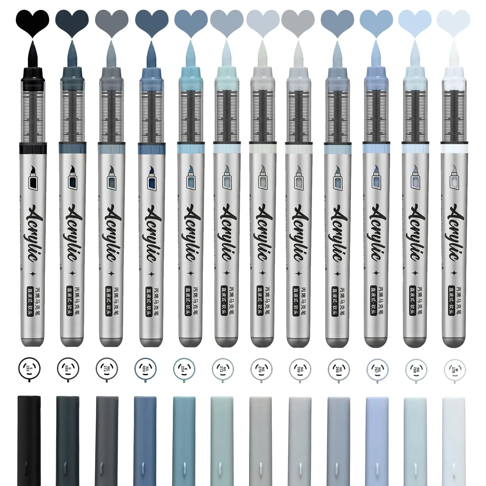 12 pcs Brush Tip Acrylic Paint Pens Set with 9 Professional Color Series for DIY