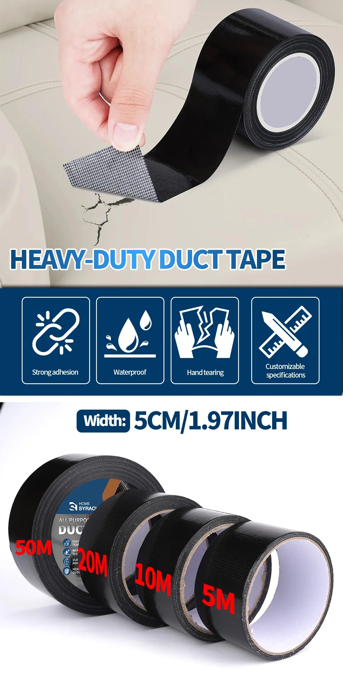 Black Super Adhesive Fabric Duct Tape, Or Seat Repair 5m, 50m, 10M, 20M