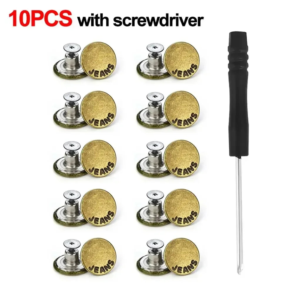 10Pcs Metal Jeans Buttons 17mm Replacement No-Sewing Screw Button Repair Kit