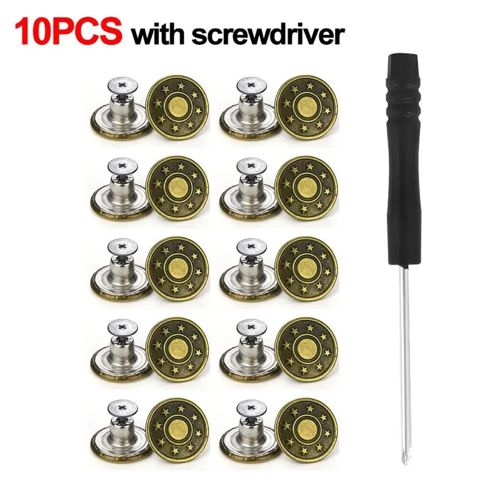 10Pcs Metal Jeans Buttons 17mm Replacement No-Sewing Screw Button Repair Kit