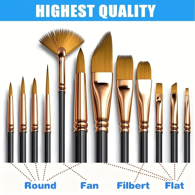 12pcs Nylon Bristle Brush Set Flat Brushes Watercolor Oil Paint For Artists And Acrylic Paintings Fabric