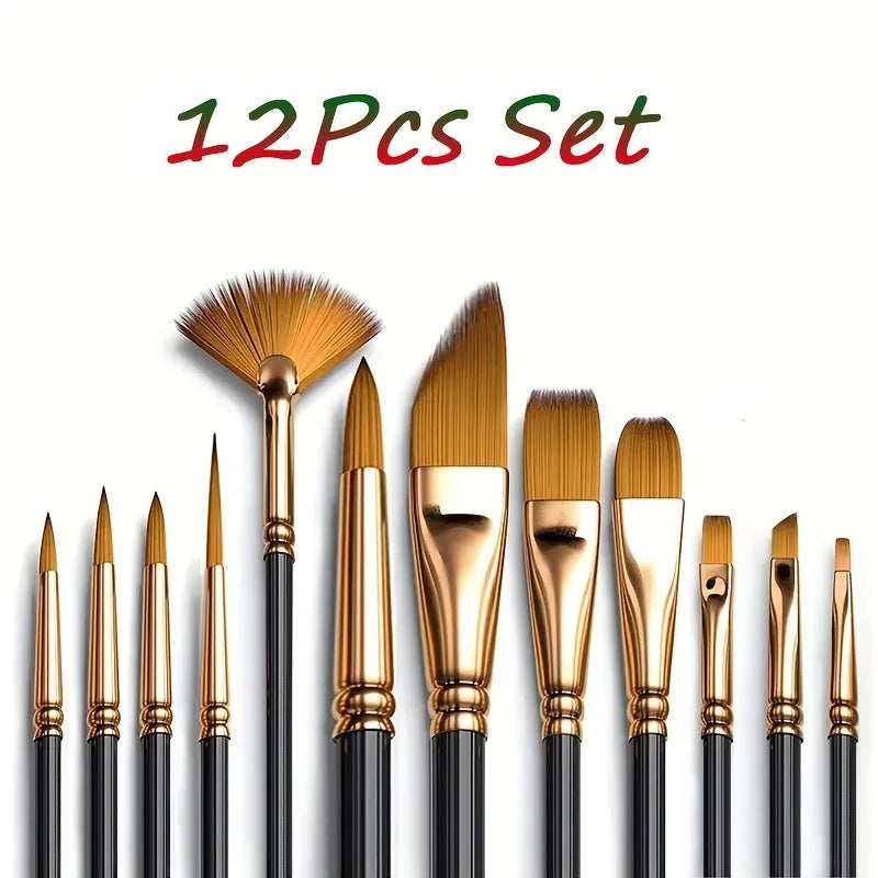 12pcs Nylon Bristle Brush Set Flat Brushes Watercolor Oil Paint For Artists And Acrylic Paintings Fabric