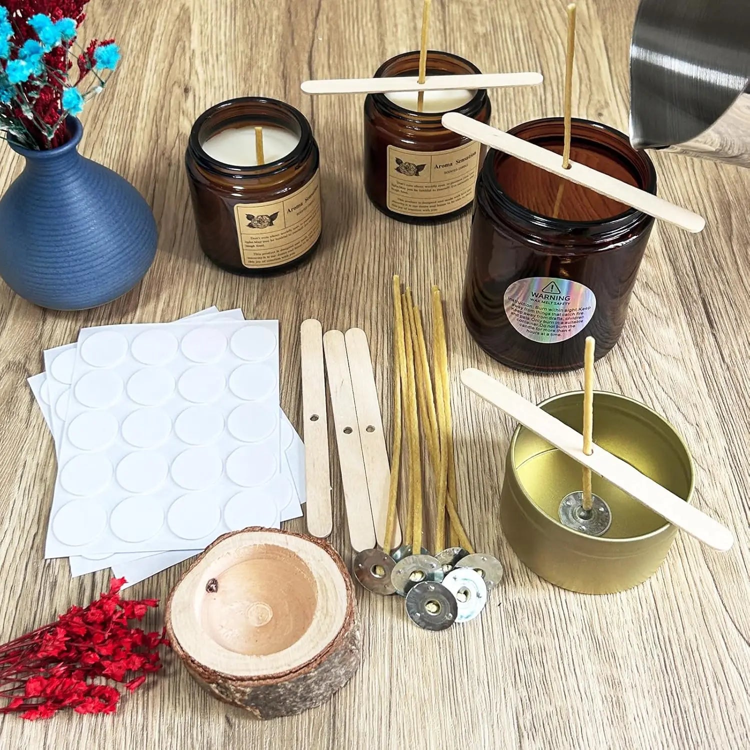 50 Pcs 6" Natural Candle Wicks with Beeswax, Wick Stickers & Centering Tool for DIY Candle Making