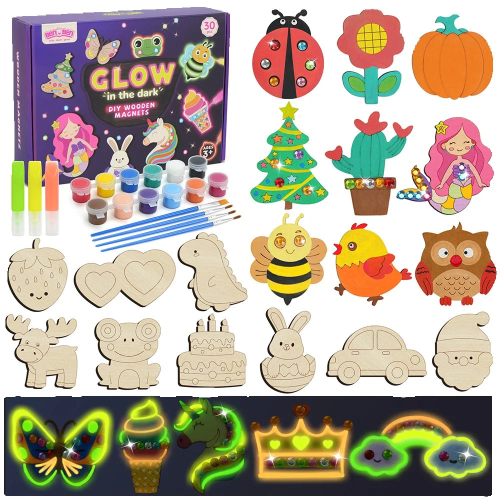 DIY Wooden Magnets Wood Crafts Kit Glow in The Dark, Arts Supplies Painting Kit for Kids