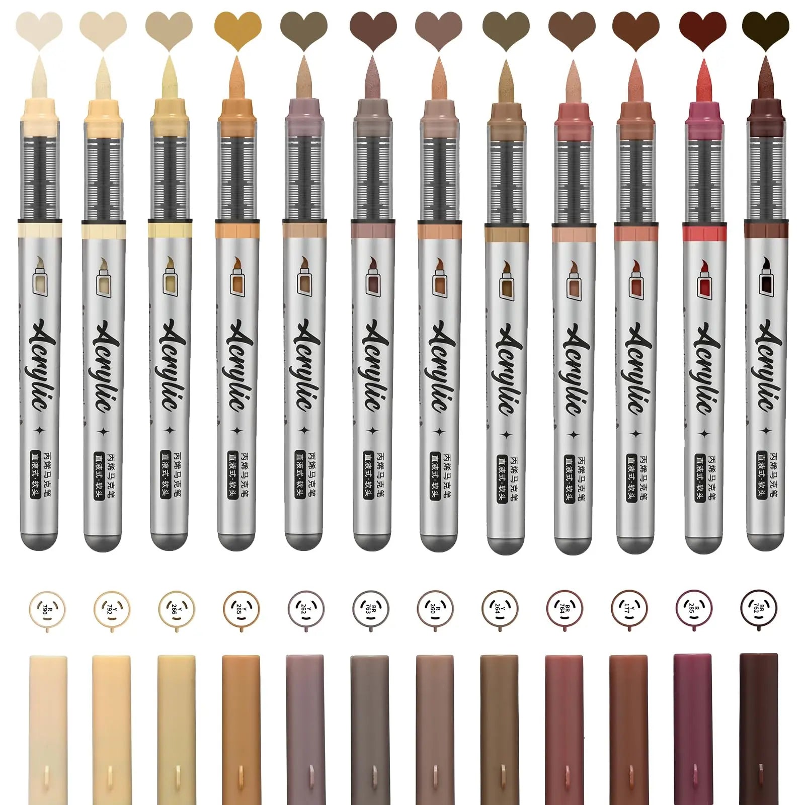 12 pcs Brush Tip Acrylic Paint Pens Set with 9 Professional Color Series for DIY