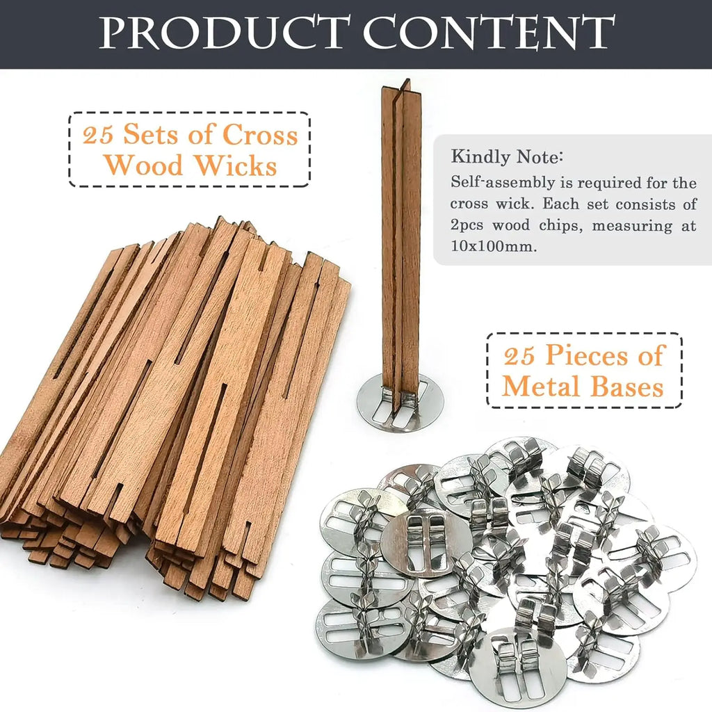 25 Cross Wood Candle Wicks with Iron Stands, 4x0.4inch Natural Wick for Soy Wax DIY Candle Making