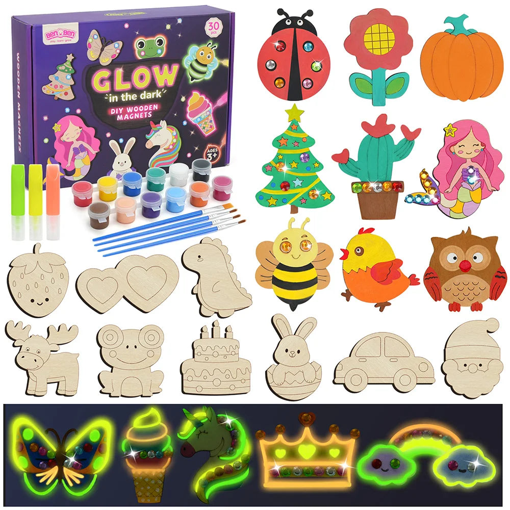 DIY Wooden Magnets Wood Crafts Kit Glow in The Dark, Arts Supplies Painting Kit for Kids
