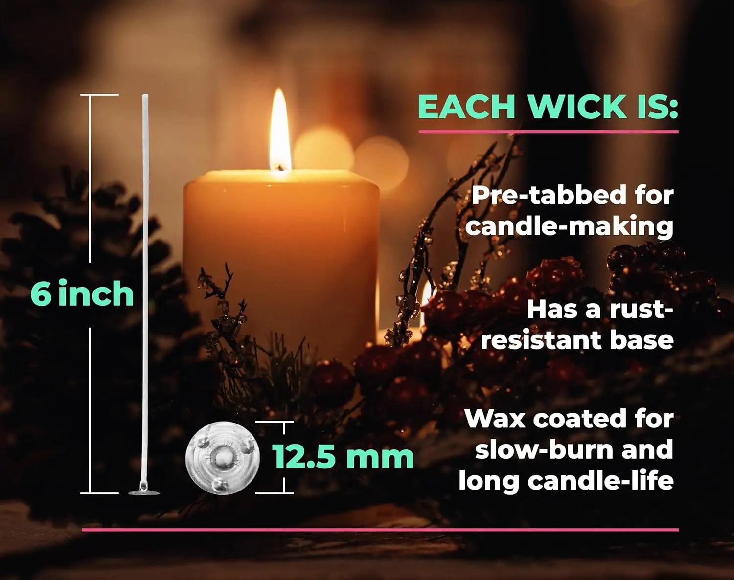 120 Pre-Waxed Candle Wicks, 6 Inch Length, in Convenient Bag for Easy Access for DIY Candle Making