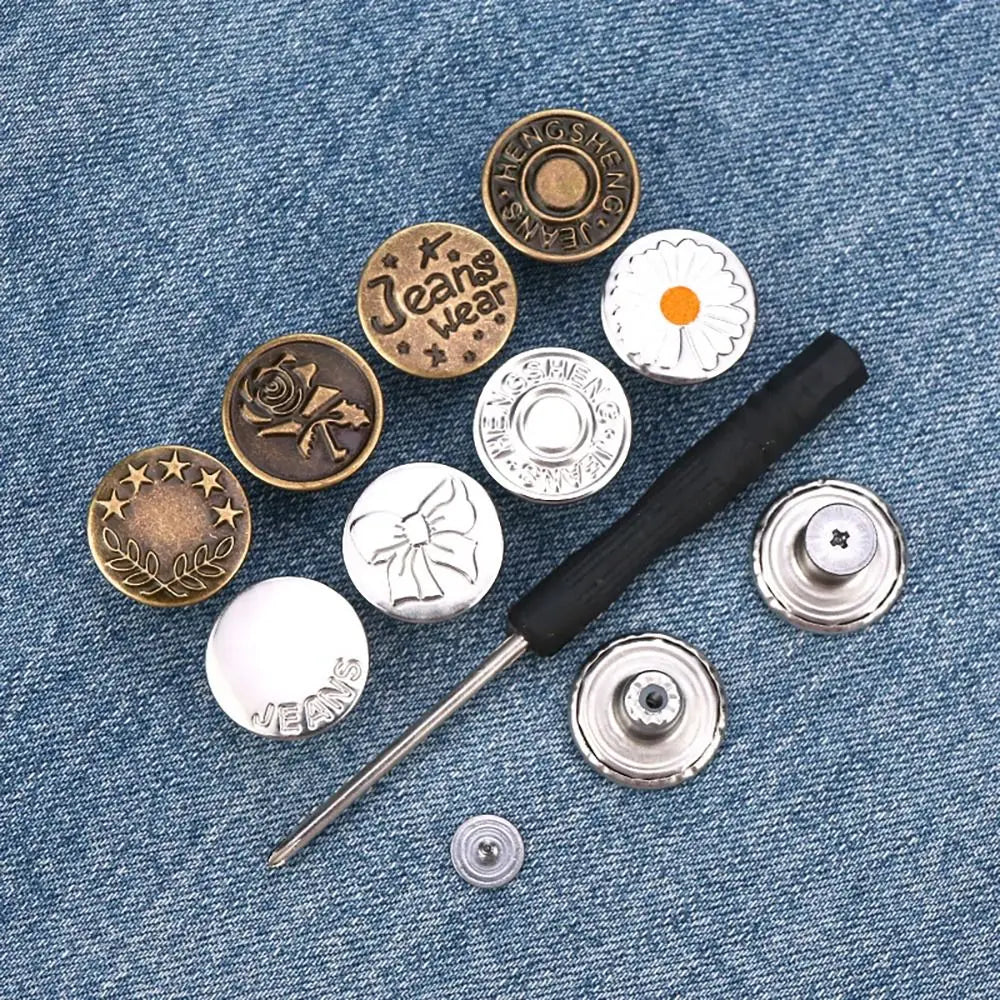 10Pcs Metal Jeans Buttons 17mm Replacement No-Sewing Screw Button Repair Kit