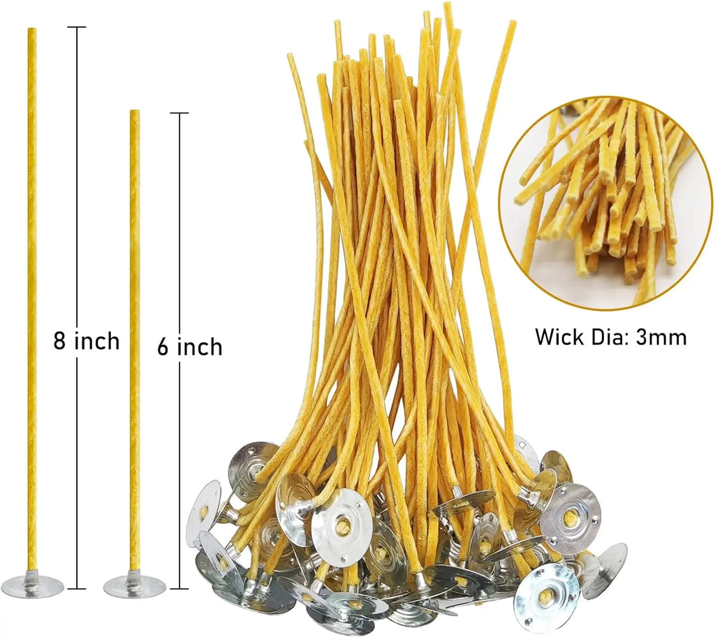 50 Pcs 6" Natural Candle Wicks with Beeswax, Wick Stickers & Centering Tool for DIY Candle Making