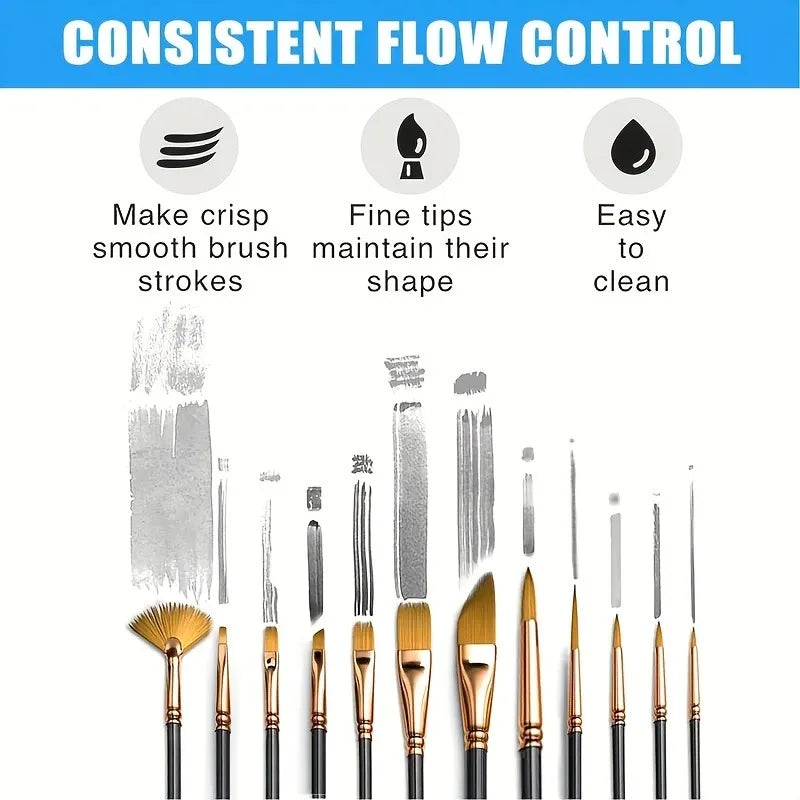 12pcs Nylon Bristle Brush Set Flat Brushes Watercolor Oil Paint For Artists And Acrylic Paintings Fabric