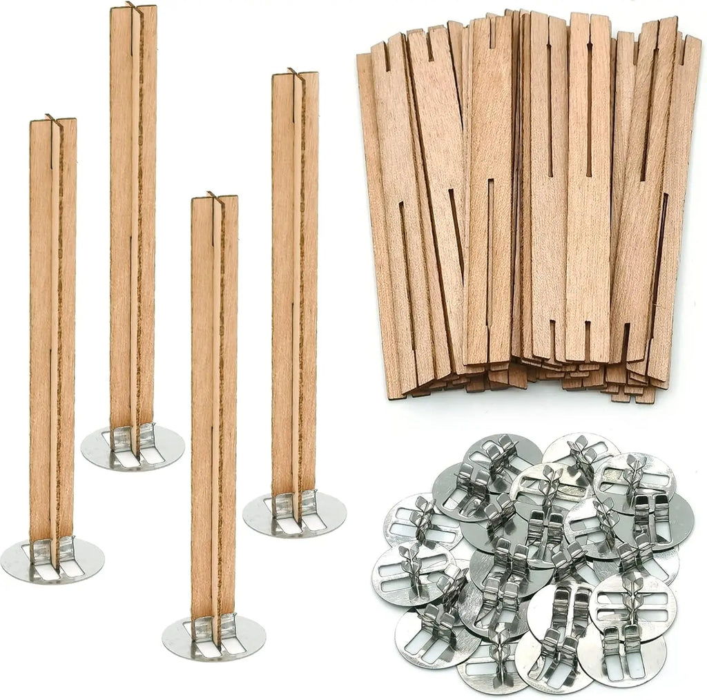 25 Cross Wood Candle Wicks with Iron Stands, 4x0.4inch Natural Wick for Soy Wax DIY Candle Making