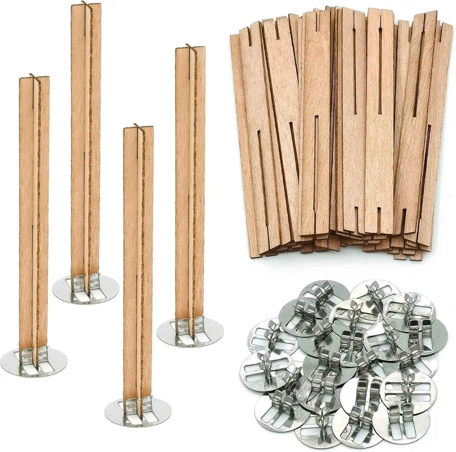 25 Cross Wood Candle Wicks with Iron Stands, 4x0.4inch Natural Wick for Soy Wax DIY Candle Making