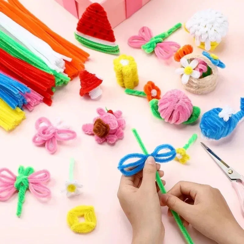 1000/10pcs Colorful Twisting Bar Chenille Fluffy Pipe Cleaners Stems Plush Stick DIY Tinsel Rod Strips Kids Art Educational Toys