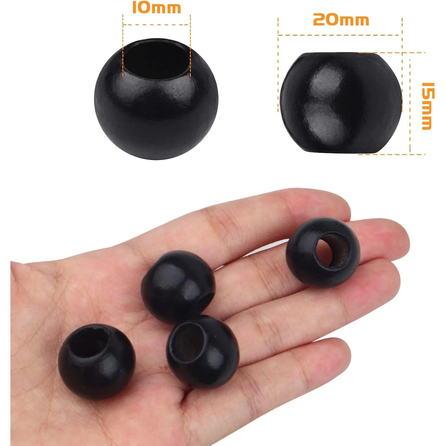 50pcs Black Wooden Beads Round Macrame Loose Beads 10mm Large Hole for Crafts Jewelry Making